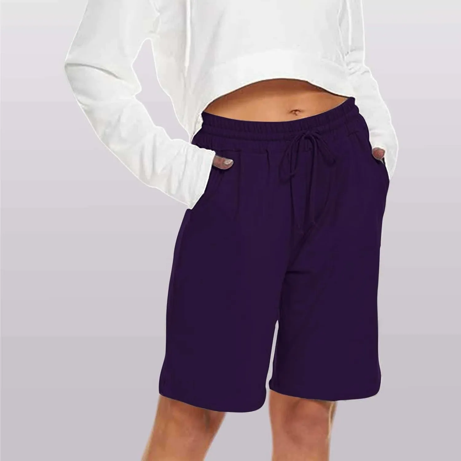 2024 Women's Bermuda Shorts with Deep Pockets Elastic Drawstring Waist 5" Long Shorts Women Lounge Walking Athletic Shorts