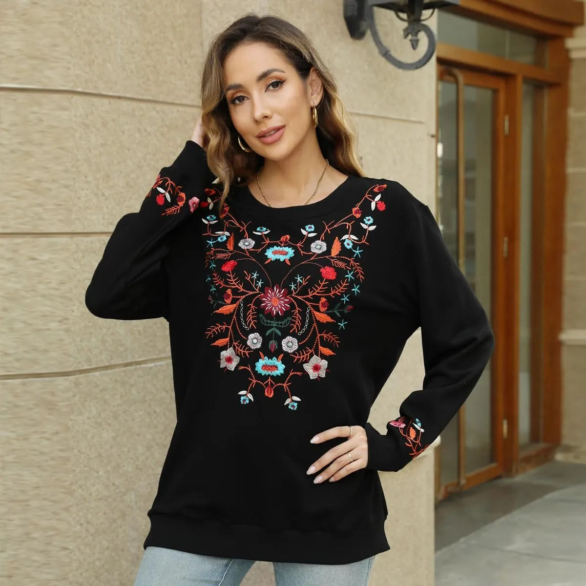 AK Womens Fall Sweatershirt Casual Outfits Floral Embroidered Fashion Hoodies Mexican Stylish Long Sleeve Sweaters