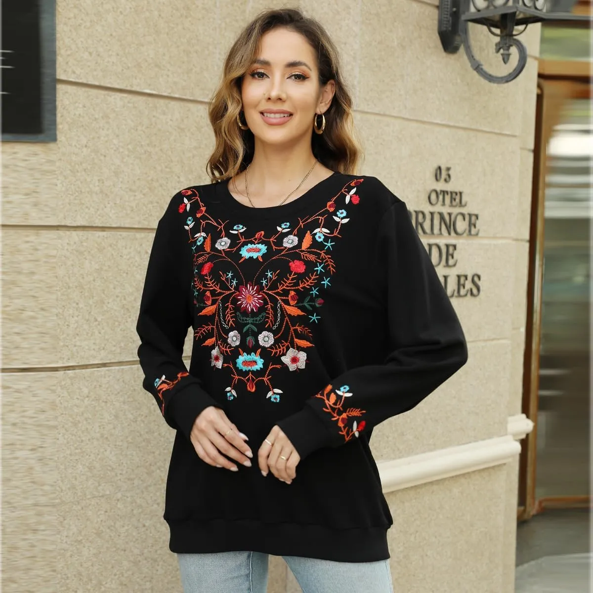 AK Womens Fall Sweatershirt Casual Outfits Floral Embroidered Fashion Hoodies Mexican Stylish Long Sleeve Sweaters