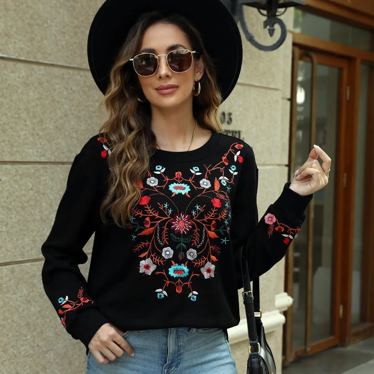 AK Womens Fall Sweatershirt Casual Outfits Floral Embroidered Fashion Hoodies Mexican Stylish Long Sleeve Sweaters