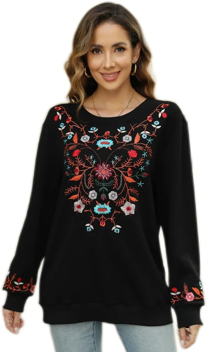 AK Womens Fall Sweatershirt Casual Outfits Floral Embroidered Fashion Hoodies Mexican Stylish Long Sleeve Sweaters