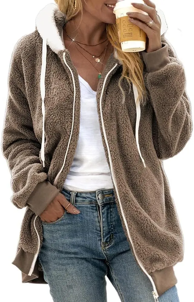 Akivide Women's Fleece Jackets Fashion Hooded Sweatshirt Oversized Fall Winter Zipper Coats Warm Outwear for Women