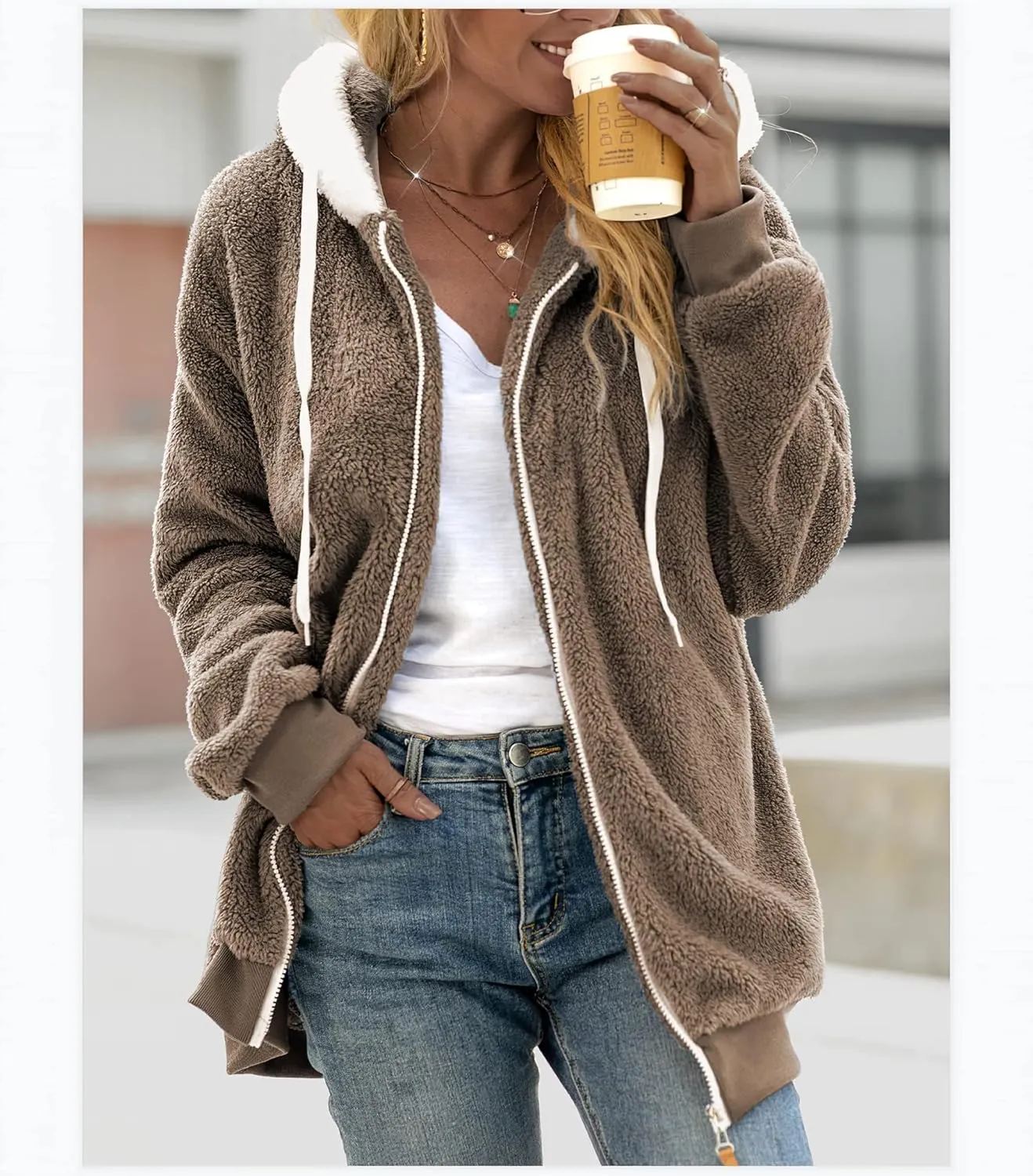 Akivide Women's Fleece Jackets Fashion Hooded Sweatshirt Oversized Fall Winter Zipper Coats Warm Outwear for Women