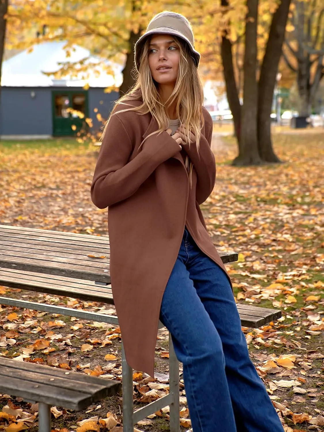 ANRABESS Women's Cardigans Sweater 2024 Casual Lapel Open Front Knit Warm Wool Coatigan Jacket Long Blazer Coat