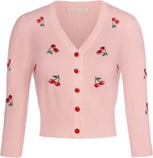 Belle Poque Women's 3/4 Sleeve V-Neck Button Down Cherries Embroidery Cropped Cardigan Sweater Coat