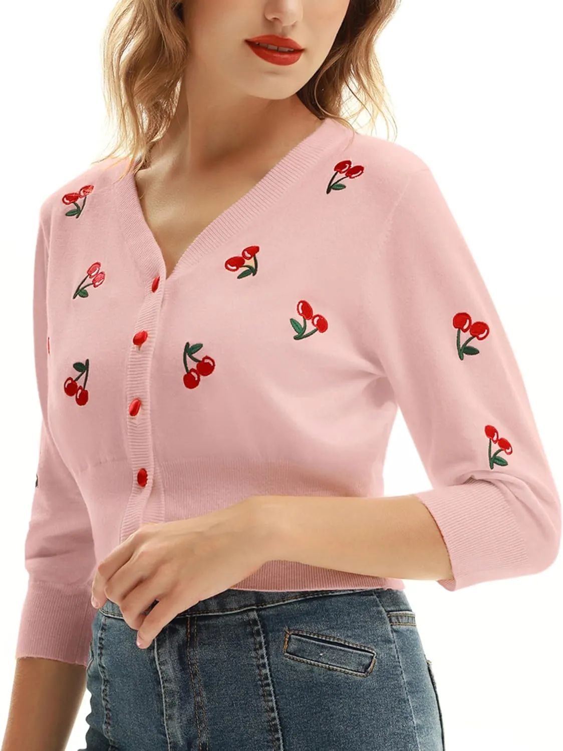 Belle Poque Women's 3/4 Sleeve V-Neck Button Down Cherries Embroidery Cropped Cardigan Sweater Coat