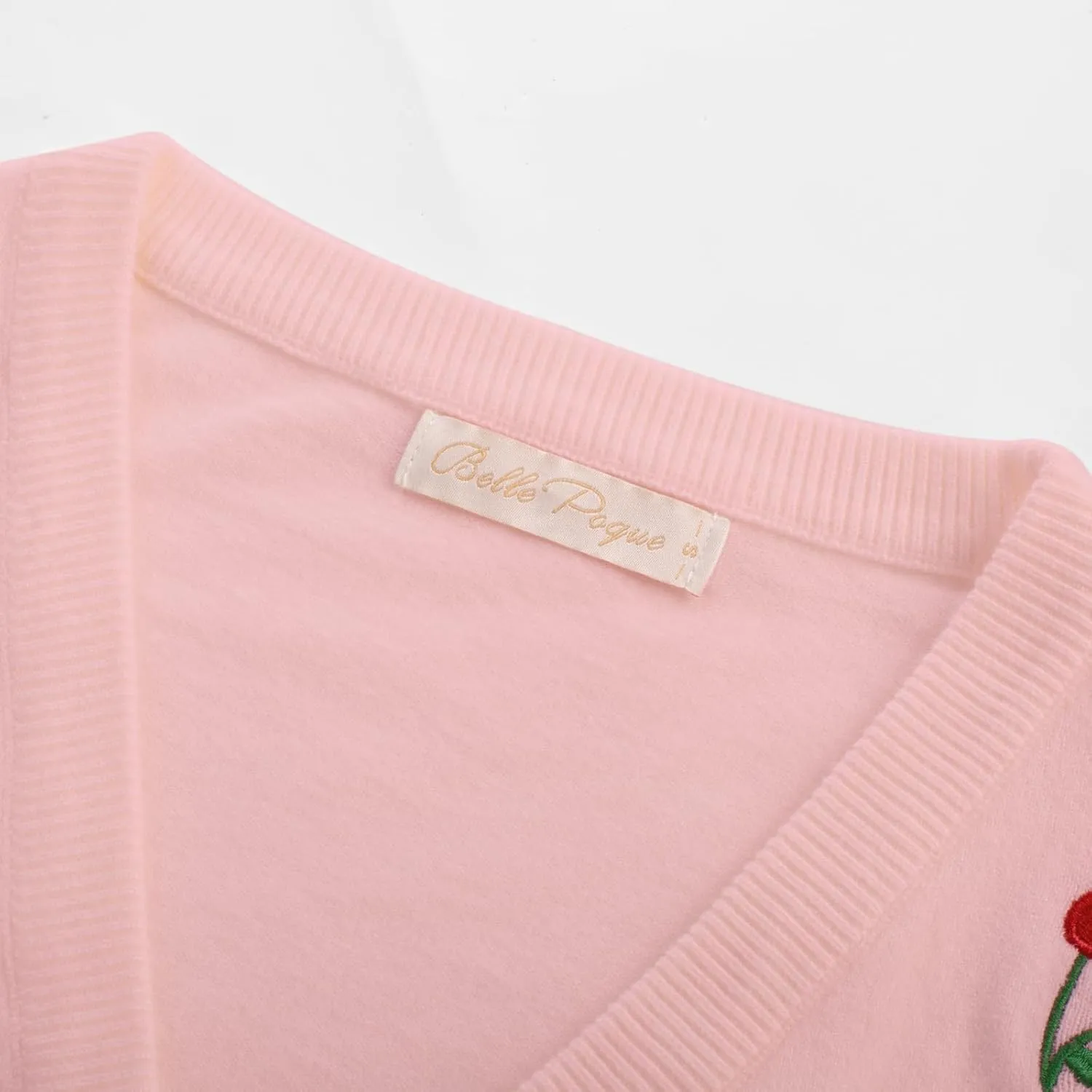 Belle Poque Women's 3/4 Sleeve V-Neck Button Down Cherries Embroidery Cropped Cardigan Sweater Coat