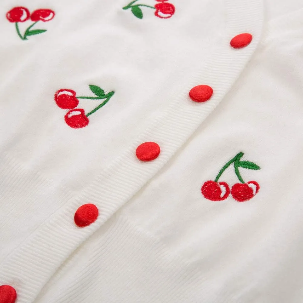 Belle Poque Women's 3/4 Sleeve V-Neck Button Down Cherries Embroidery Cropped Cardigan Sweater Coat