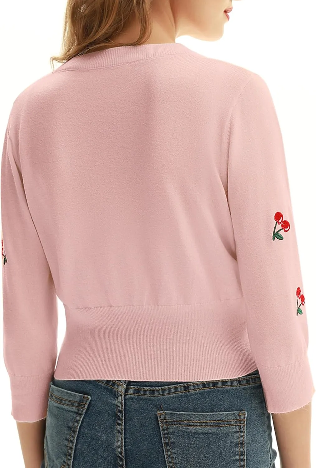 Belle Poque Women's 3/4 Sleeve V-Neck Button Down Cherries Embroidery Cropped Cardigan Sweater Coat