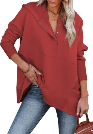 Chatinction Womens Button Tunic Hoodies Oversize V Neck Long Sleeve Pullover Sweatshirts Hooded Tops with Pockets