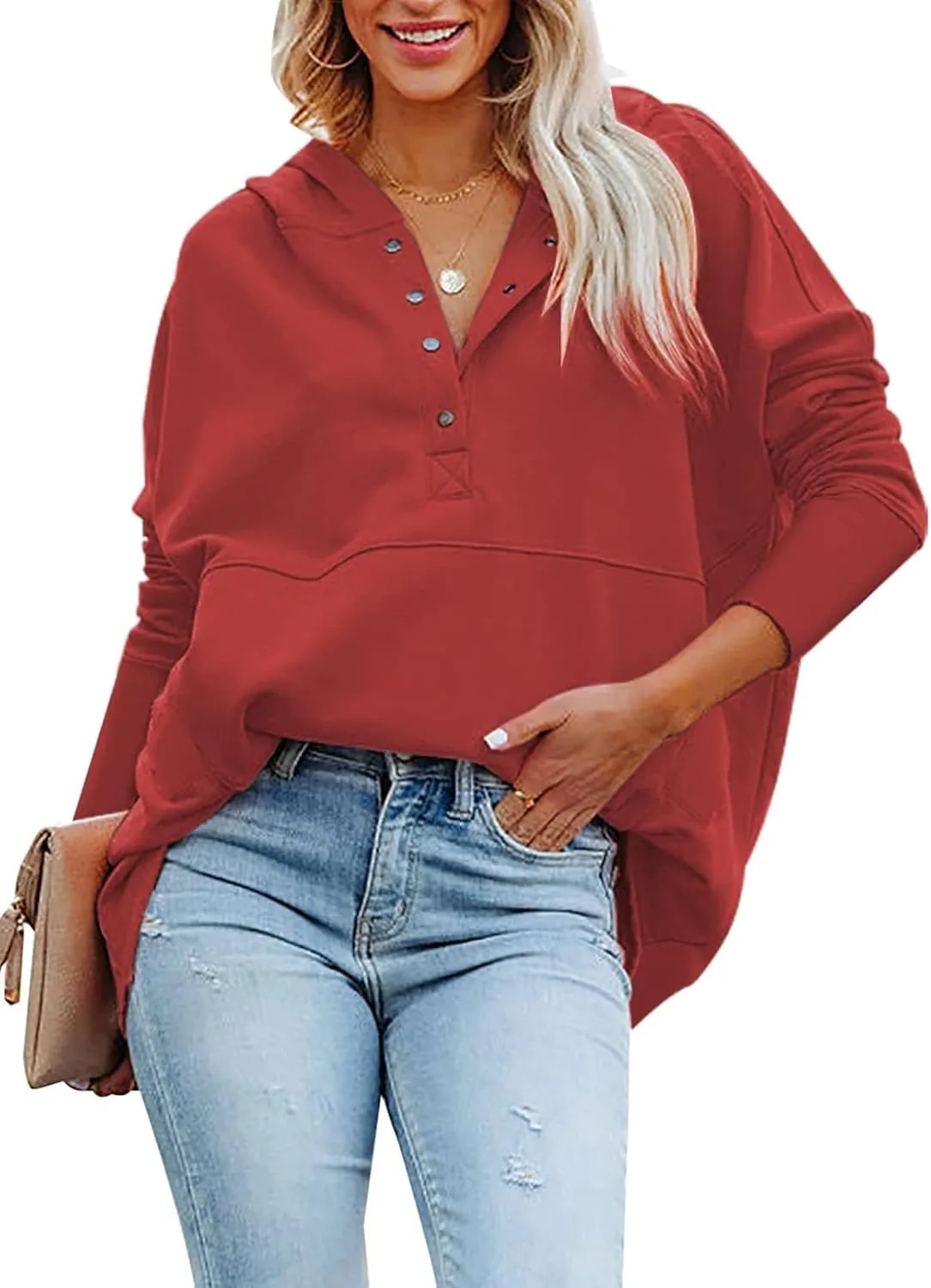 Chatinction Womens Button Tunic Hoodies Oversize V Neck Long Sleeve Pullover Sweatshirts Hooded Tops with Pockets