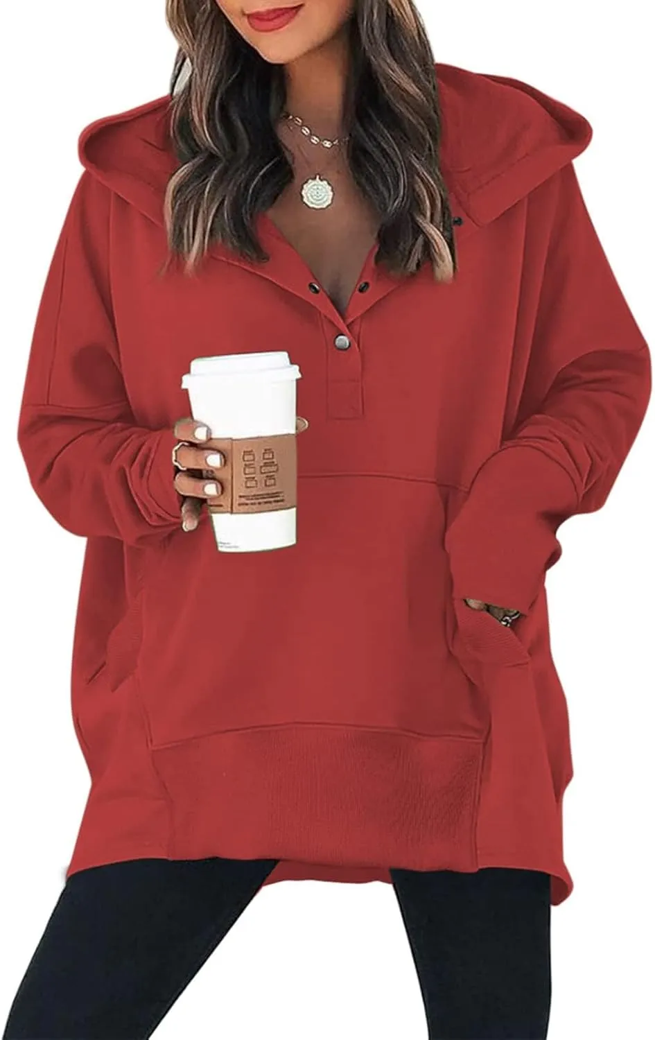 Chatinction Womens Button Tunic Hoodies Oversize V Neck Long Sleeve Pullover Sweatshirts Hooded Tops with Pockets