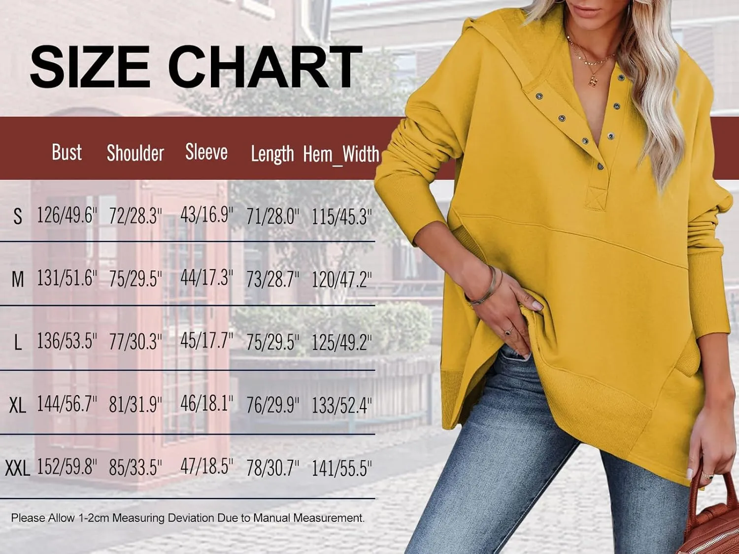Chatinction Womens Button Tunic Hoodies Oversize V Neck Long Sleeve Pullover Sweatshirts Hooded Tops with Pockets