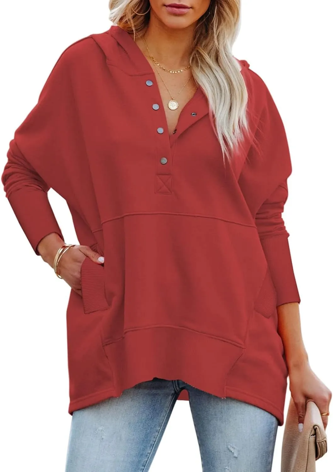 Chatinction Womens Button Tunic Hoodies Oversize V Neck Long Sleeve Pullover Sweatshirts Hooded Tops with Pockets