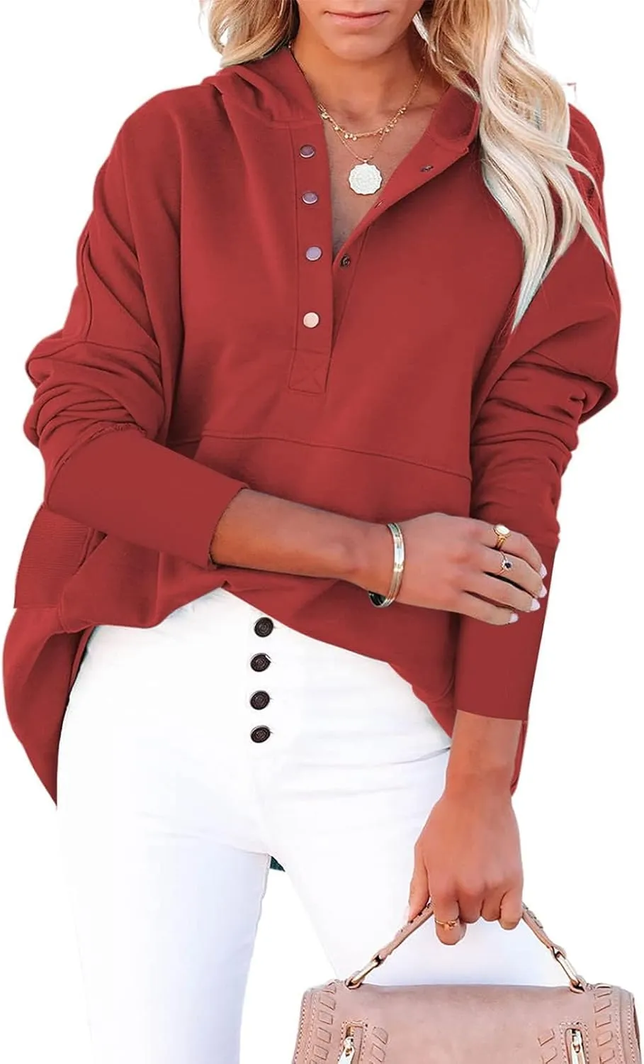 Chatinction Womens Button Tunic Hoodies Oversize V Neck Long Sleeve Pullover Sweatshirts Hooded Tops with Pockets
