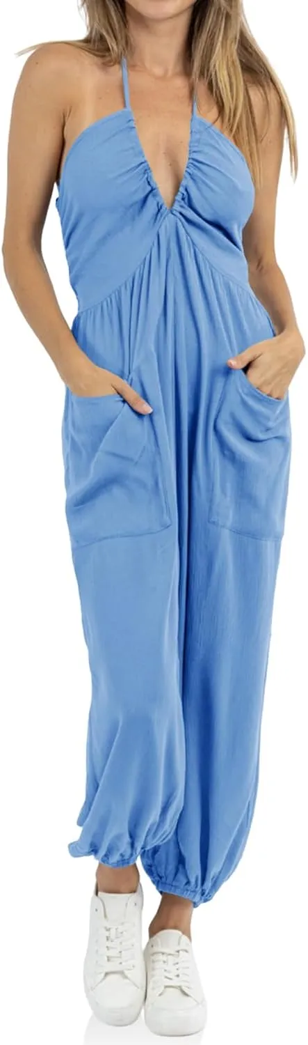Cicy Bell Women's Sexy Halter Jumpsuits Casual Deep V Nevk Beach Jogger Long Pants Rompers