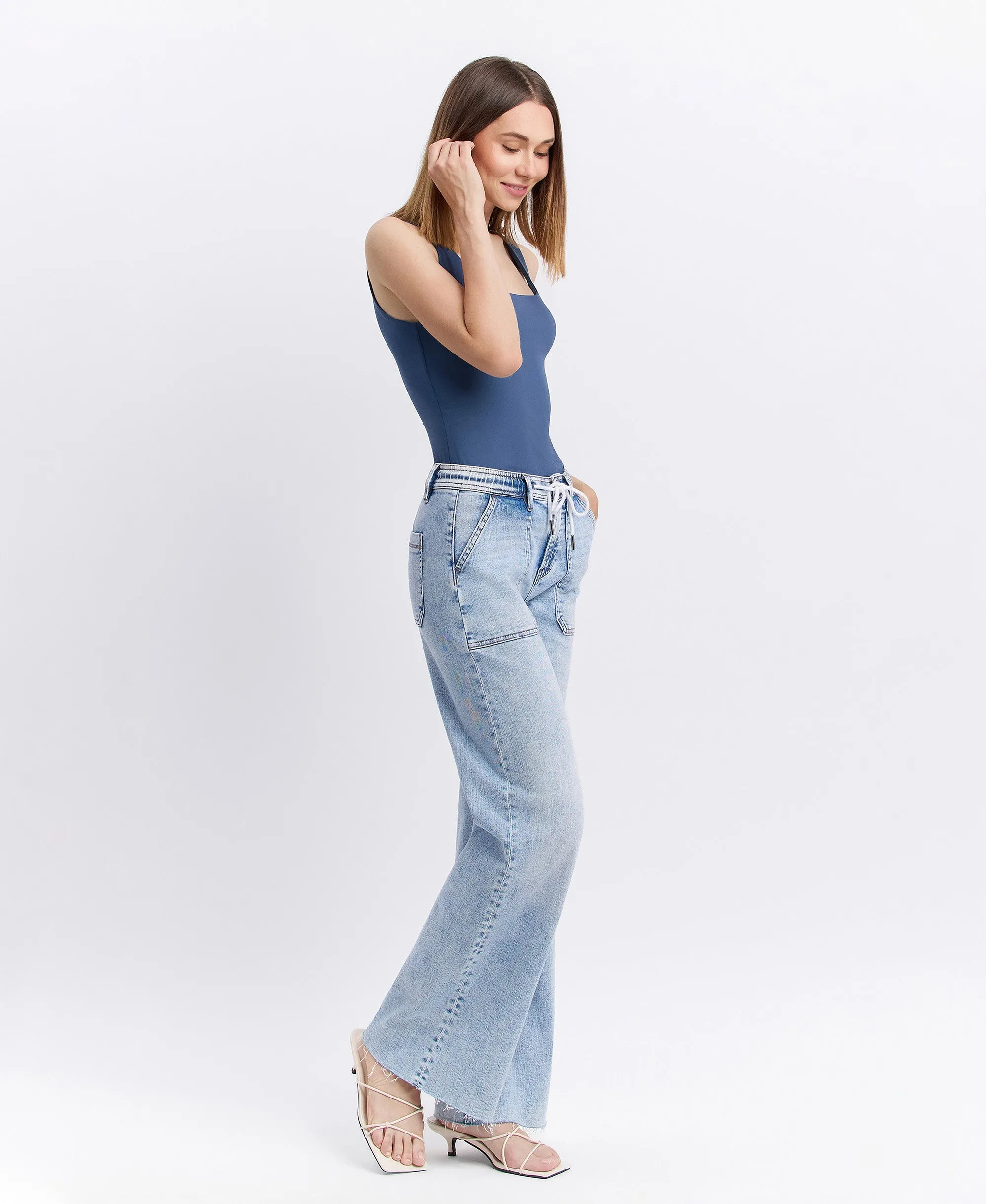 Clearly - High Rise Drawstring Waistband Wide Leg Jeans