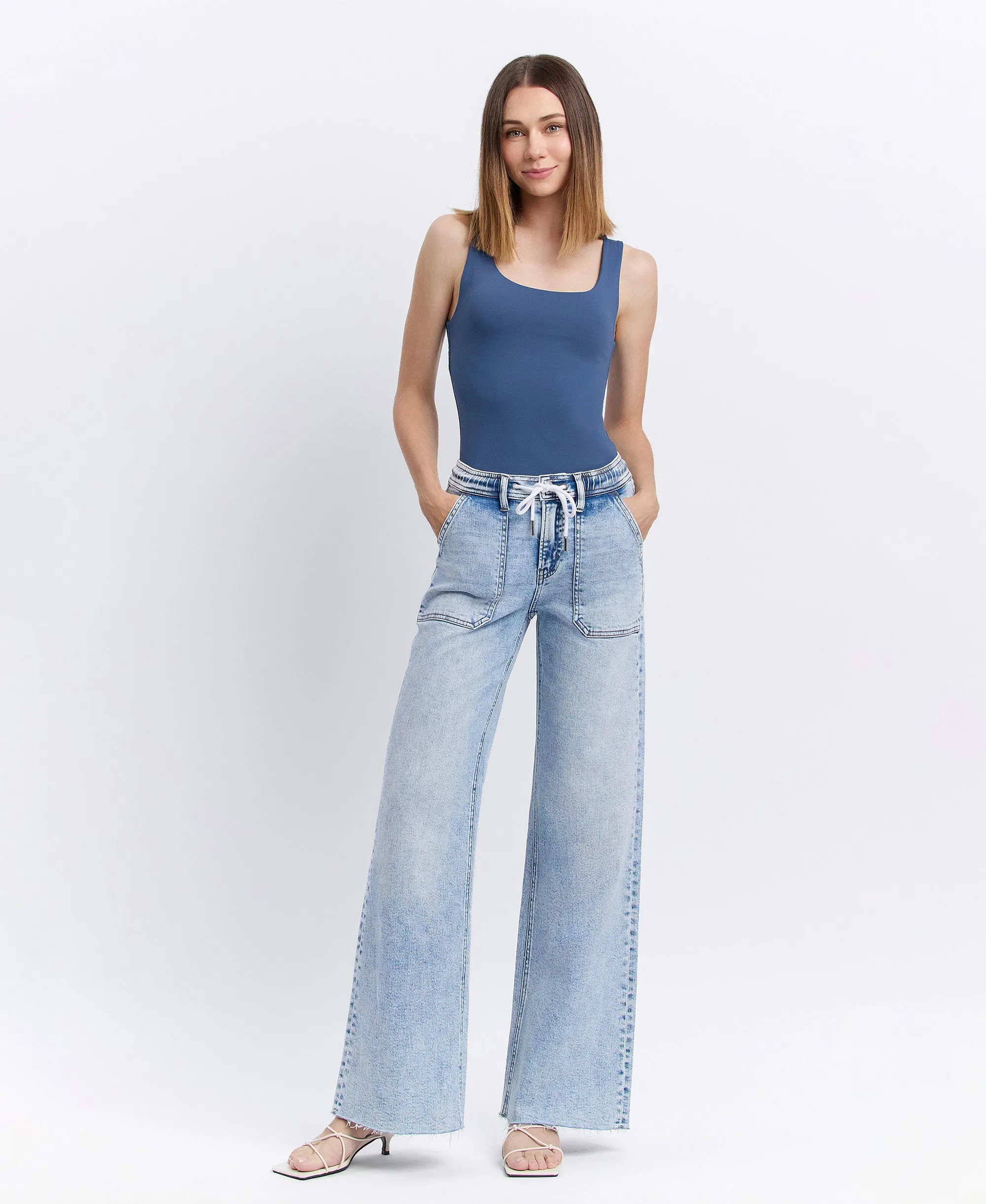 Clearly - High Rise Drawstring Waistband Wide Leg Jeans