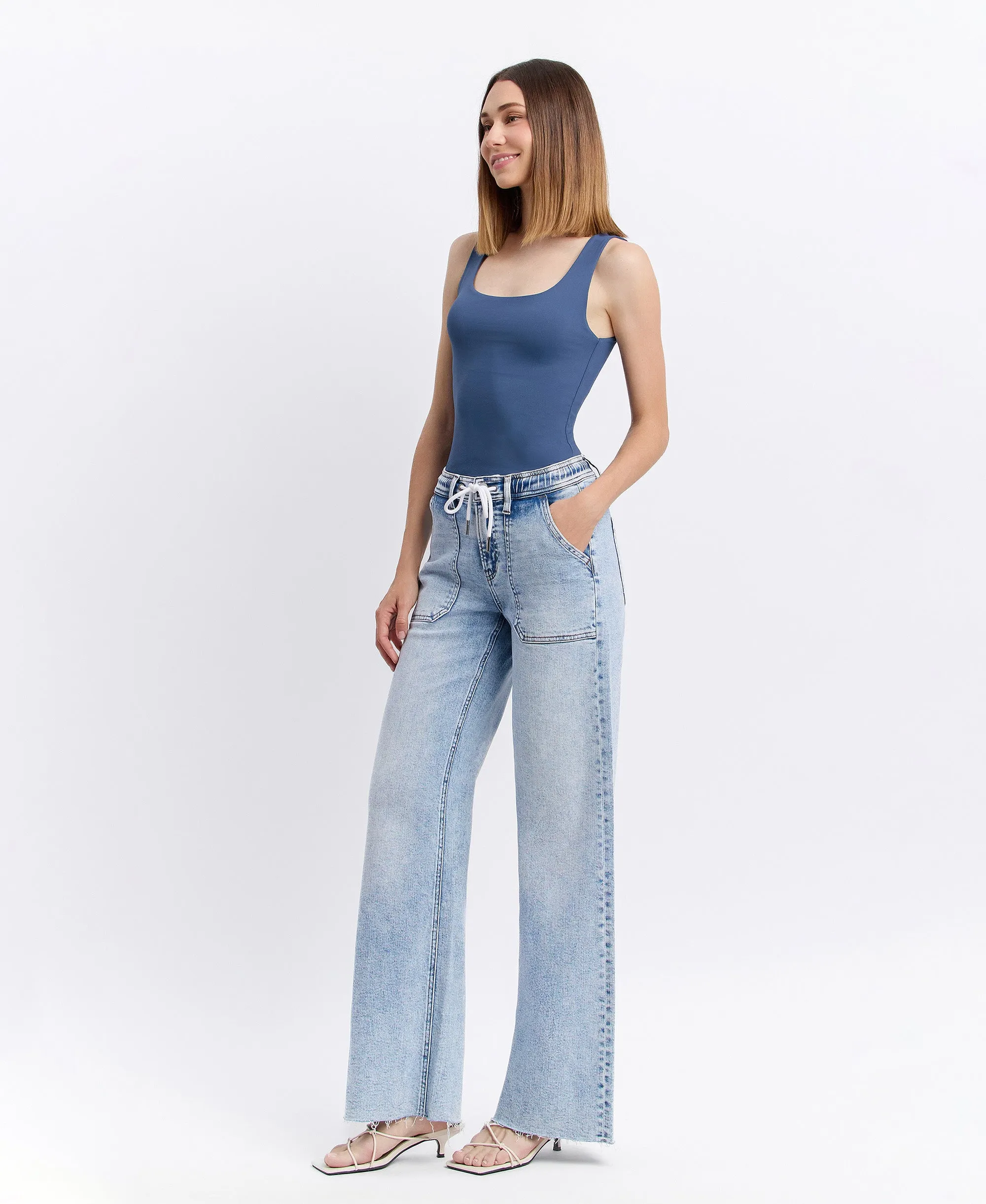Clearly - High Rise Drawstring Waistband Wide Leg Jeans