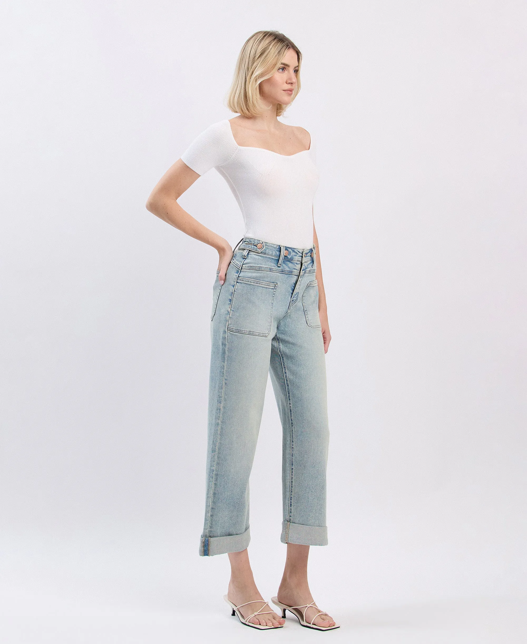 Commisioner - Super High Rise Tab Waistband Cuff Slim Wide Leg Jeans