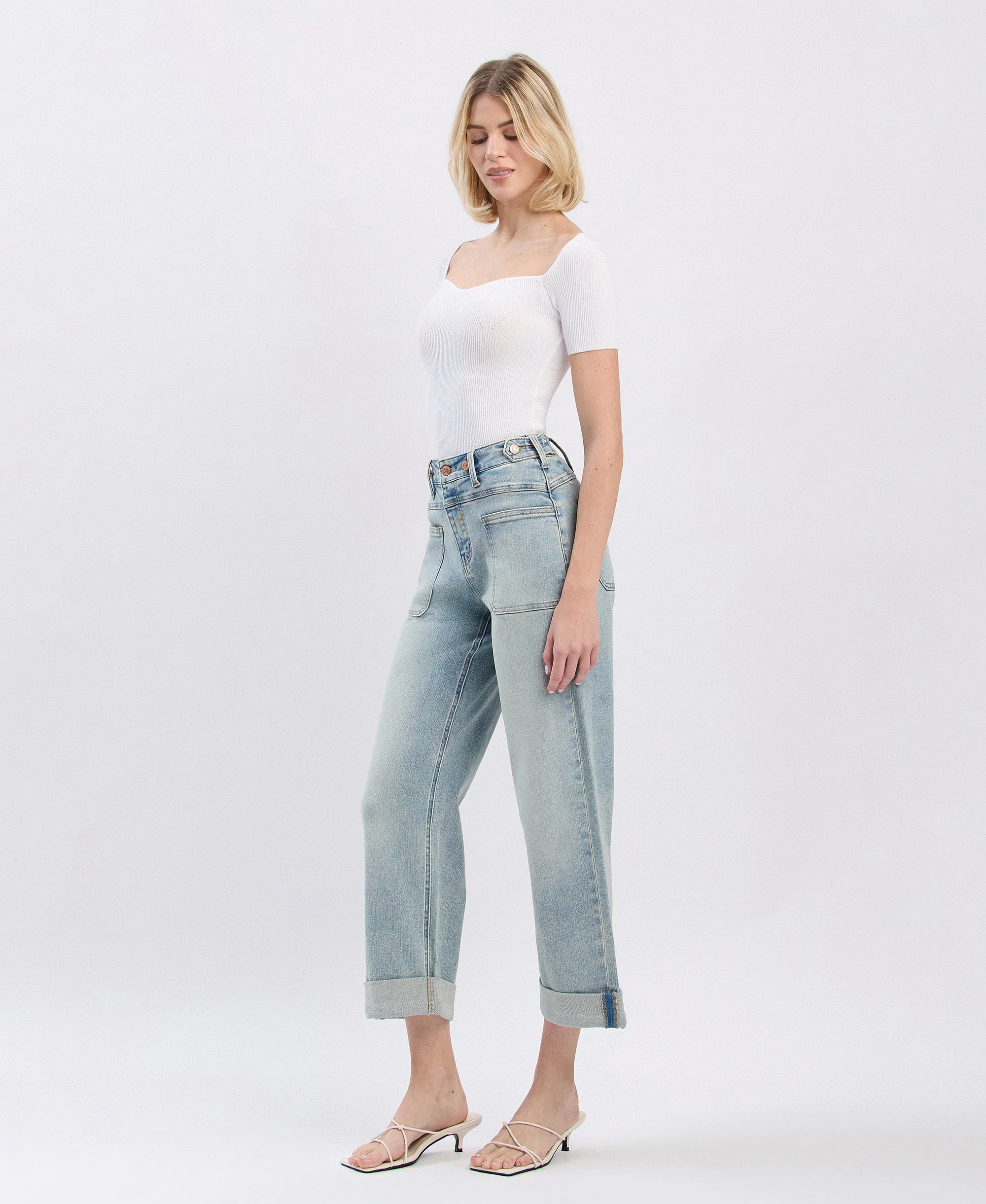 Commisioner - Super High Rise Tab Waistband Cuff Slim Wide Leg Jeans