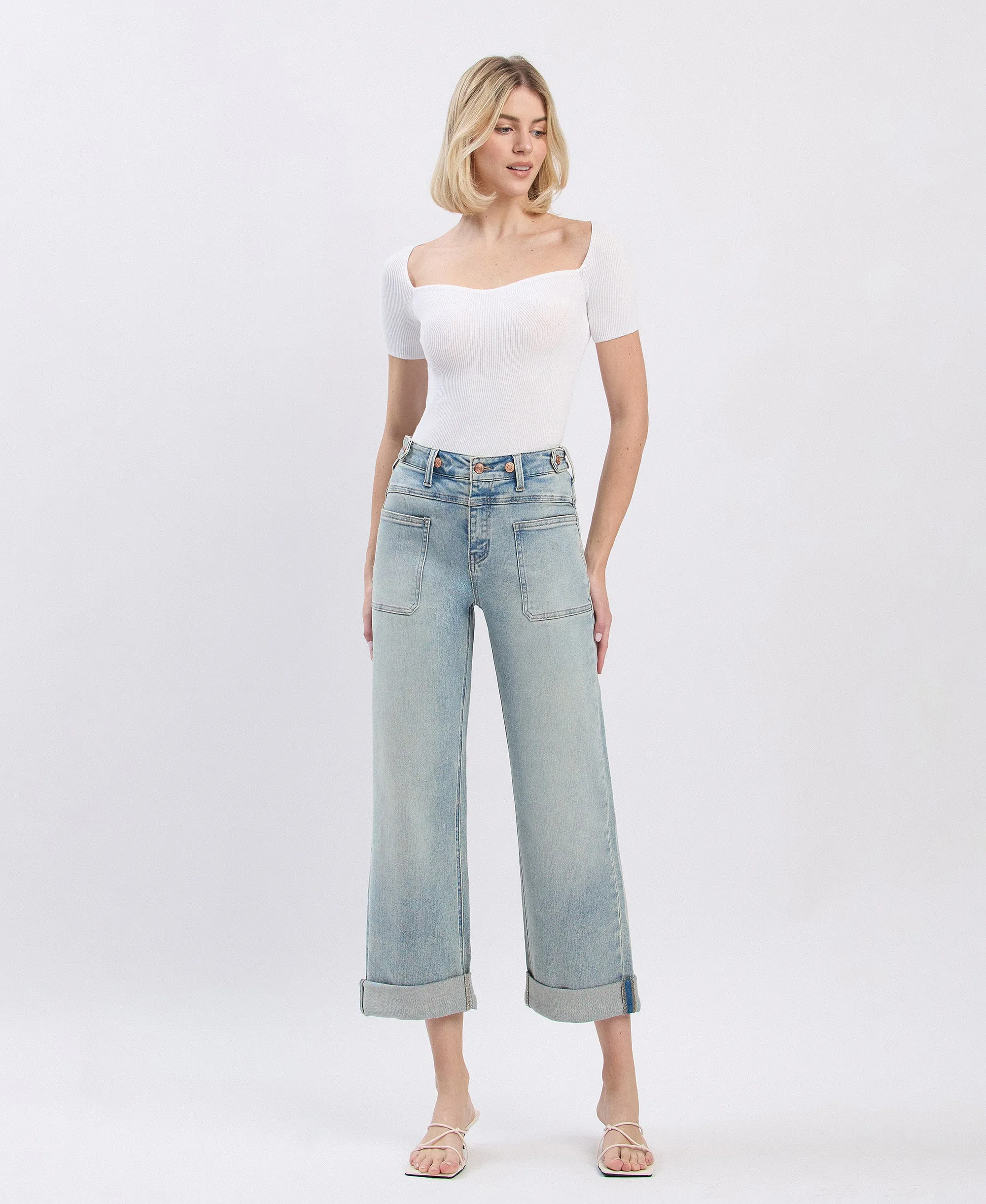 Commisioner - Super High Rise Tab Waistband Cuff Slim Wide Leg Jeans