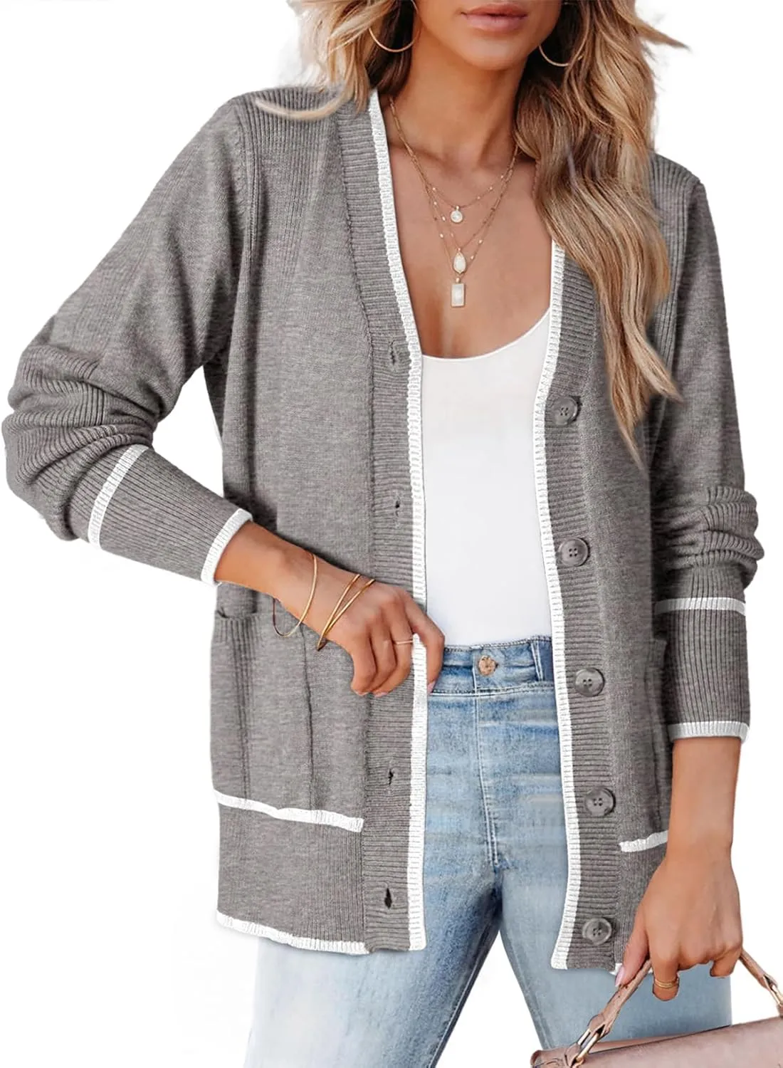 Dokotoo Short Cardigans for Women Color Blocked 2024 Fall Fashion Button Down Sweaters Winter Coats with Pockets