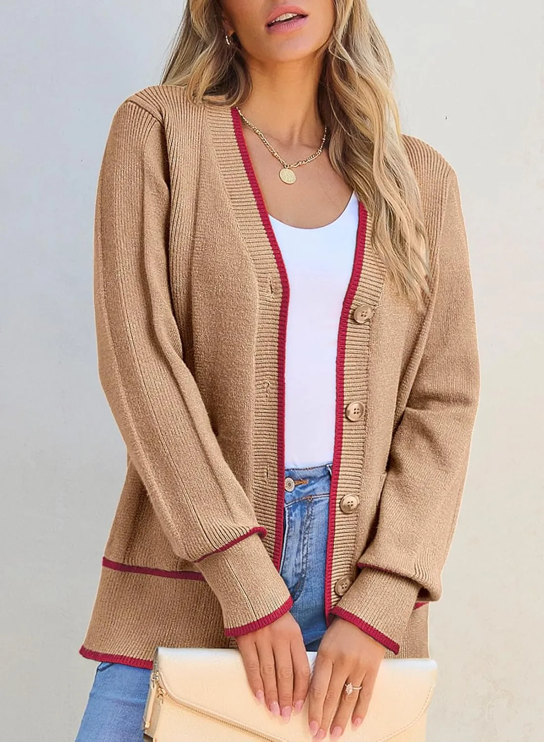 Dokotoo Short Cardigans for Women Color Blocked 2024 Fall Fashion Button Down Sweaters Winter Coats with Pockets