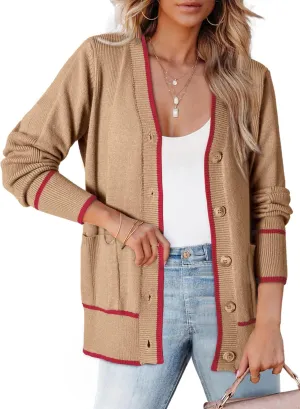 Dokotoo Short Cardigans for Women Color Blocked 2024 Fall Fashion Button Down Sweaters Winter Coats with Pockets
