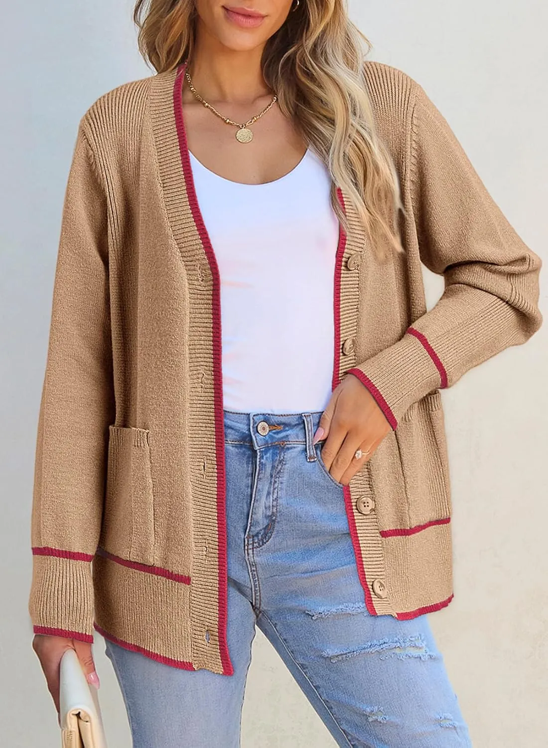 Dokotoo Short Cardigans for Women Color Blocked 2024 Fall Fashion Button Down Sweaters Winter Coats with Pockets