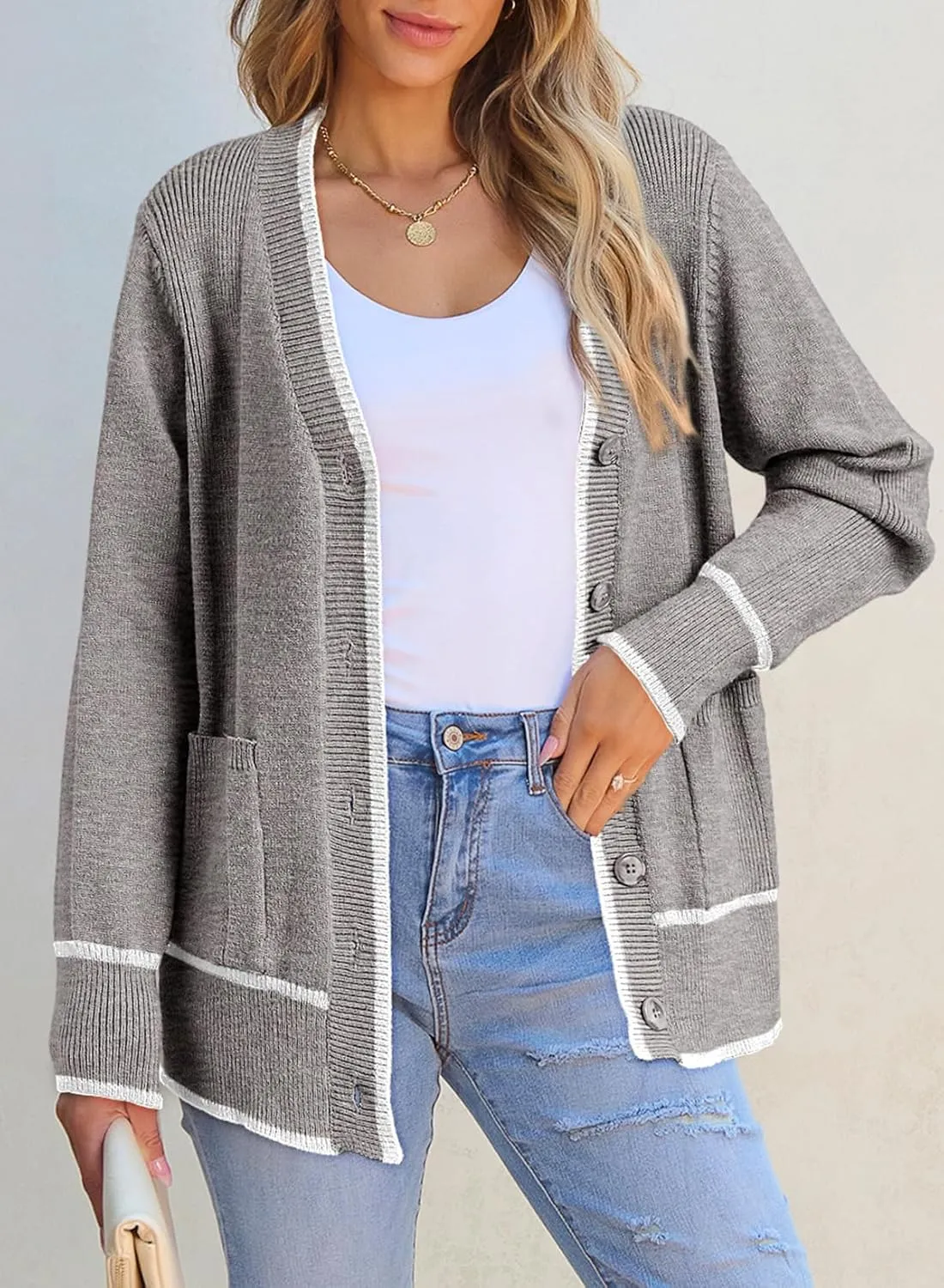 Dokotoo Short Cardigans for Women Color Blocked 2024 Fall Fashion Button Down Sweaters Winter Coats with Pockets