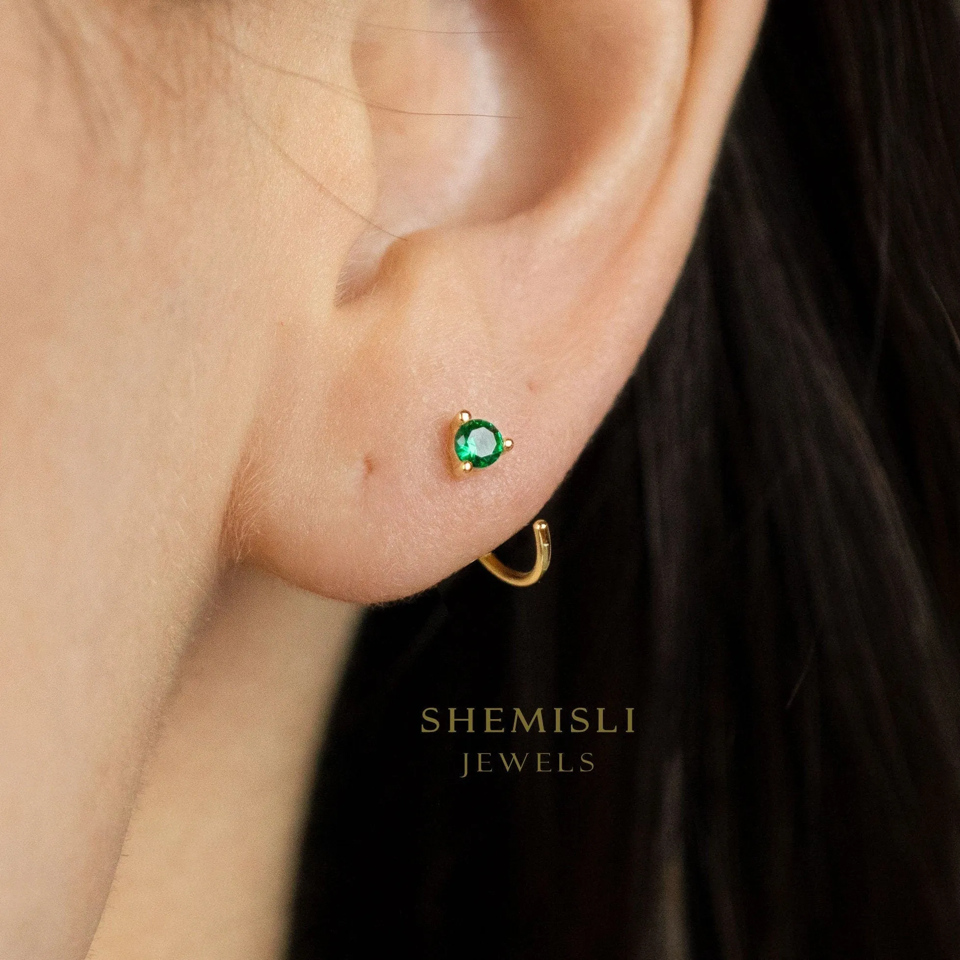 Emerald Gem Ear Jackets, Unisex, Gold, Silver SHEMISLI SJ017  NOBKG
