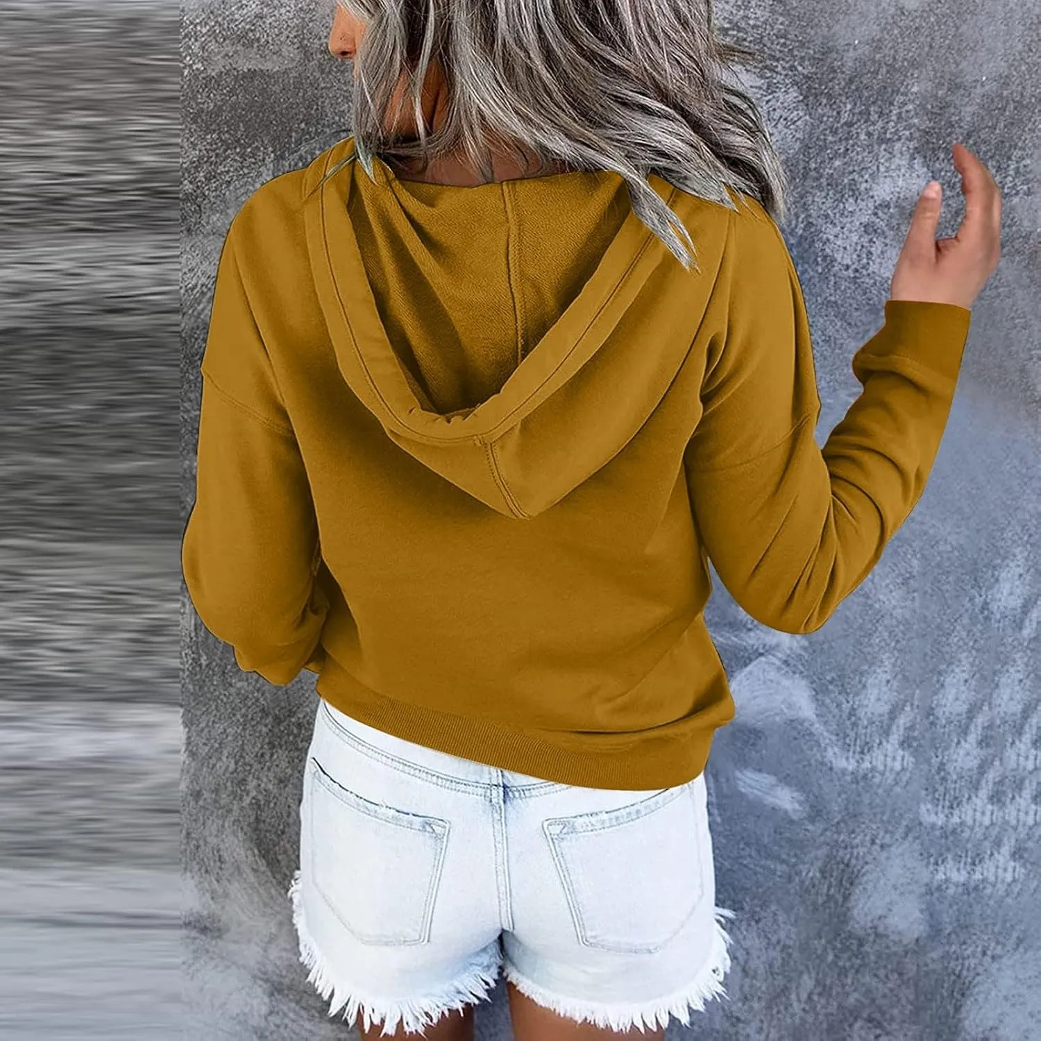 Fall Hoodies For Women Trendy 2024 Causal Long Sleeve Button Down Hooded Sweatshirt Solid Basic Pullover Tops