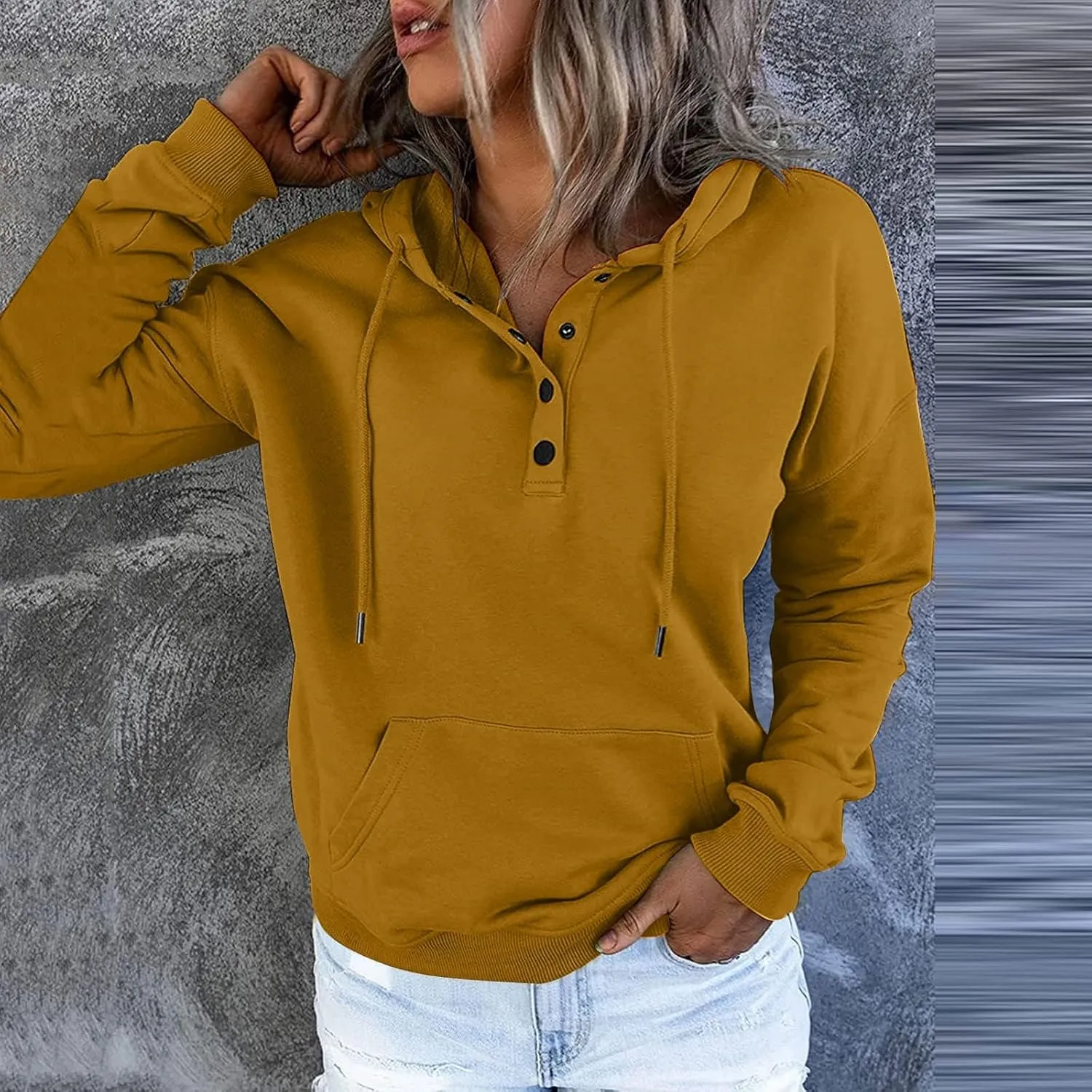 Fall Hoodies For Women Trendy 2024 Causal Long Sleeve Button Down Hooded Sweatshirt Solid Basic Pullover Tops