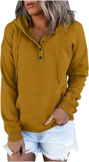 Fall Hoodies For Women Trendy 2024 Causal Long Sleeve Button Down Hooded Sweatshirt Solid Basic Pullover Tops