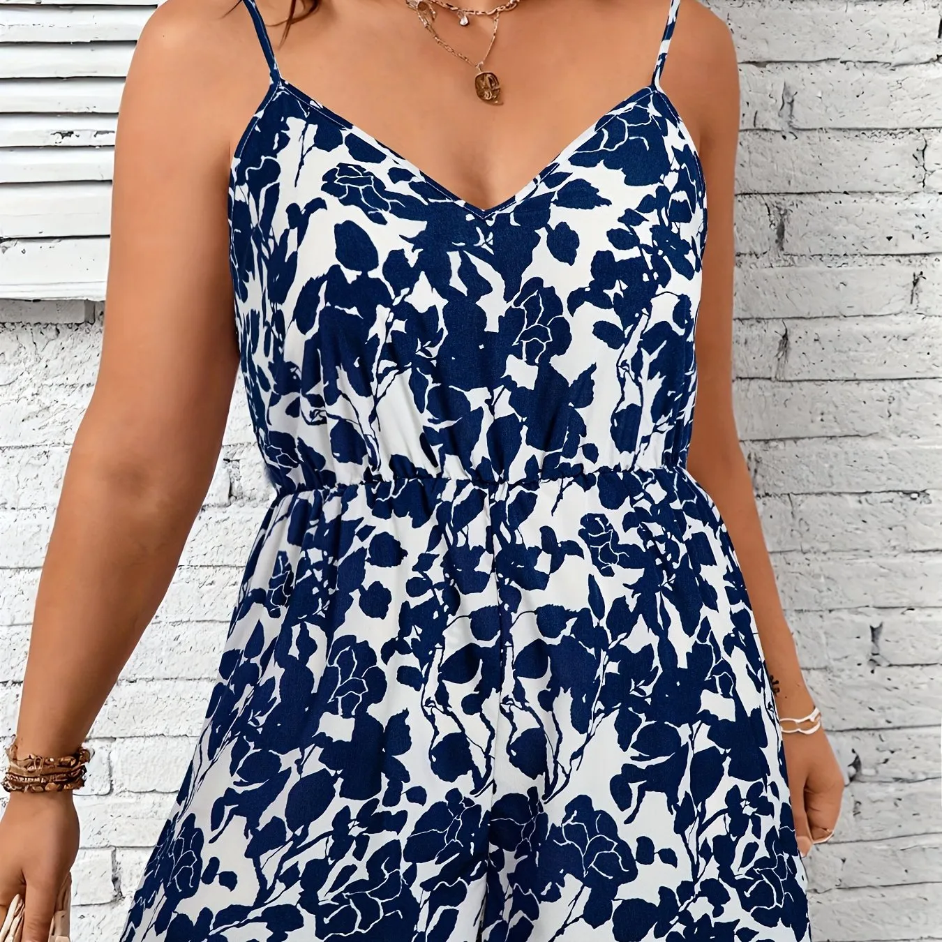 Floral Elegance Women's Plus Allover Floral Print Wide Leg Cami Romper