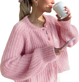 Flygo Women's Cardigan Sweater 2024 Fall Winter Chunky Long Sleeve Button Open Front Knit Solid Loose Cardigans Sweaters
