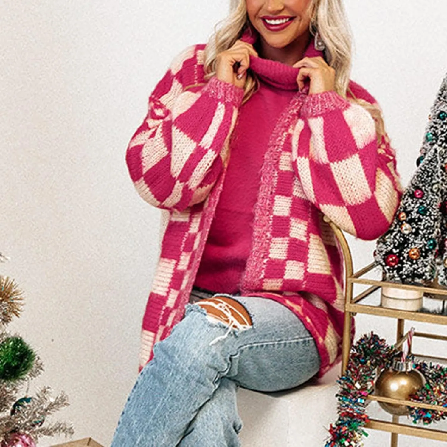 Giraropa Women Checkered Cardigan 2024 Long Sleeve Open Front Loose Knit Sweater Oversized Lightweight Cardigans Outwear