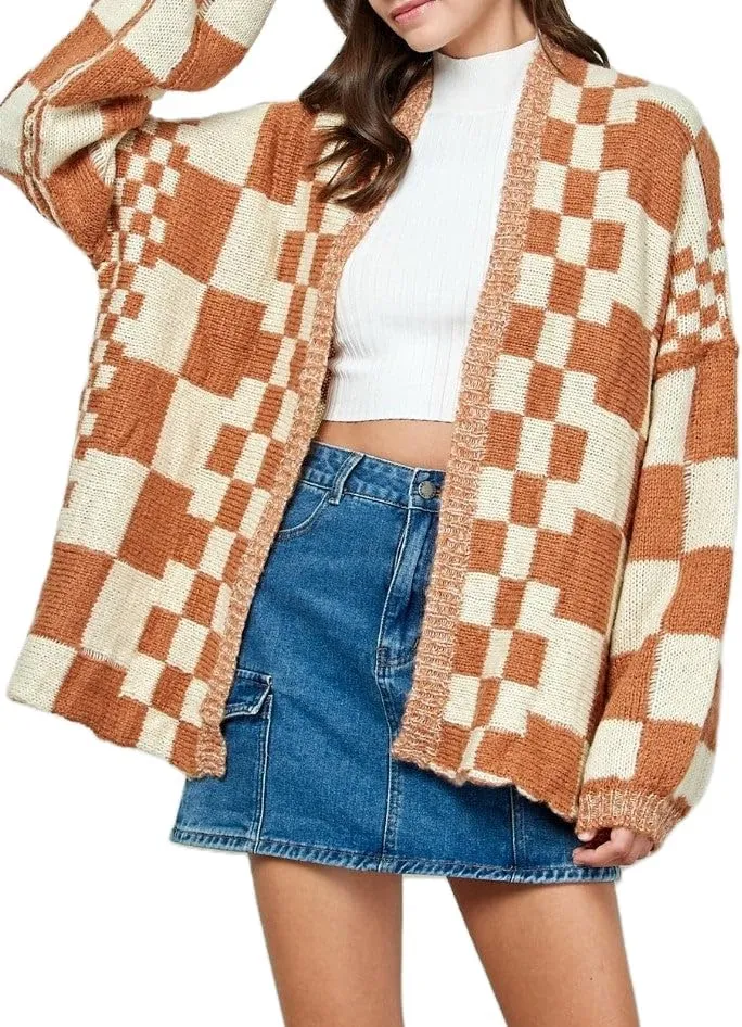 Giraropa Women Checkered Cardigan 2024 Long Sleeve Open Front Loose Knit Sweater Oversized Lightweight Cardigans Outwear