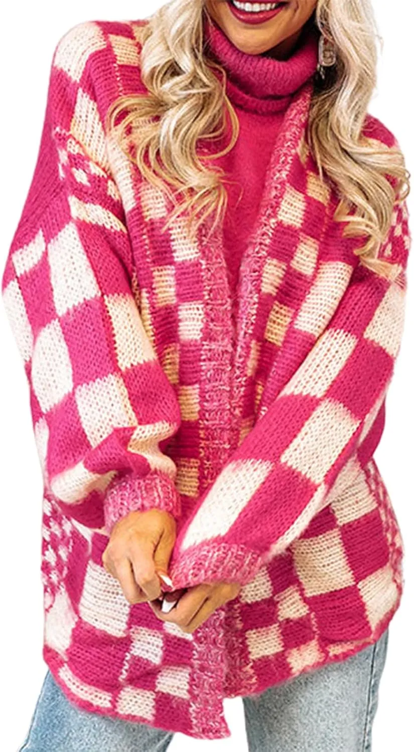 Giraropa Women Checkered Cardigan 2024 Long Sleeve Open Front Loose Knit Sweater Oversized Lightweight Cardigans Outwear