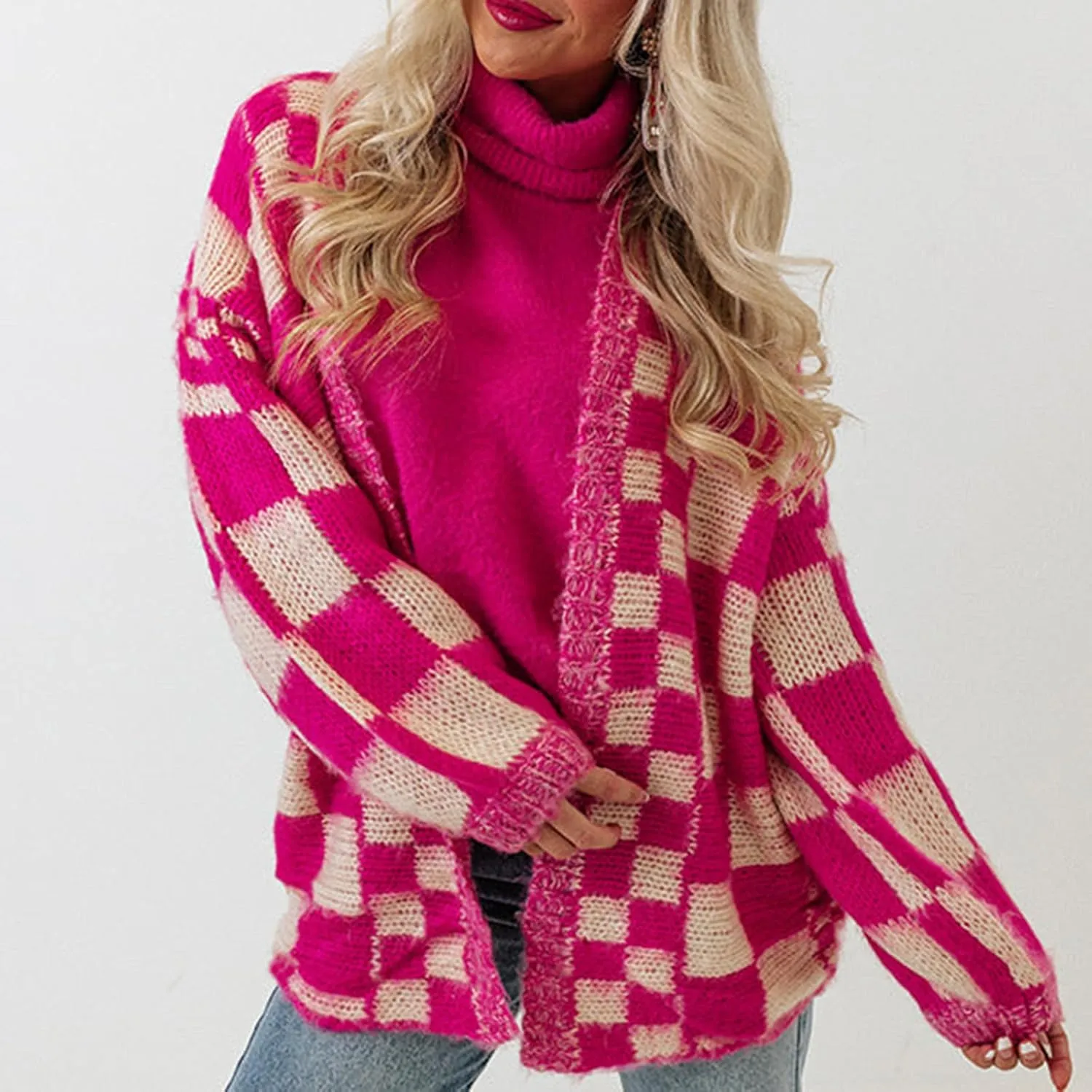 Giraropa Women Checkered Cardigan 2024 Long Sleeve Open Front Loose Knit Sweater Oversized Lightweight Cardigans Outwear