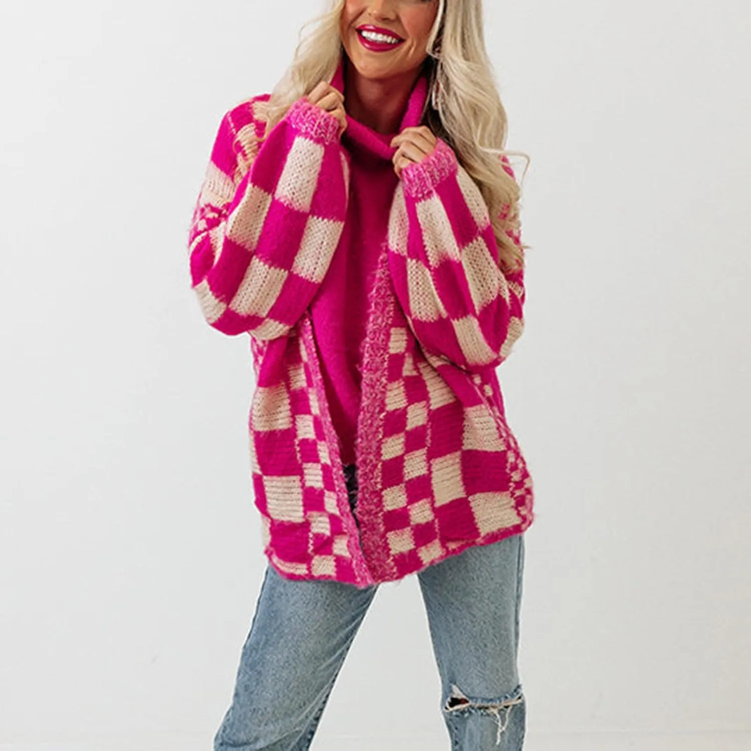 Giraropa Women Checkered Cardigan 2024 Long Sleeve Open Front Loose Knit Sweater Oversized Lightweight Cardigans Outwear