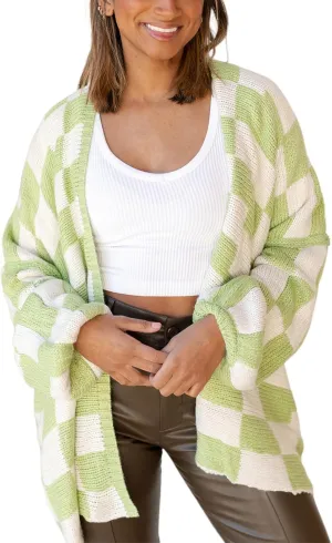 Giraropa Women Checkered Cardigan 2024 Long Sleeve Open Front Loose Knit Sweater Oversized Lightweight Cardigans Outwear