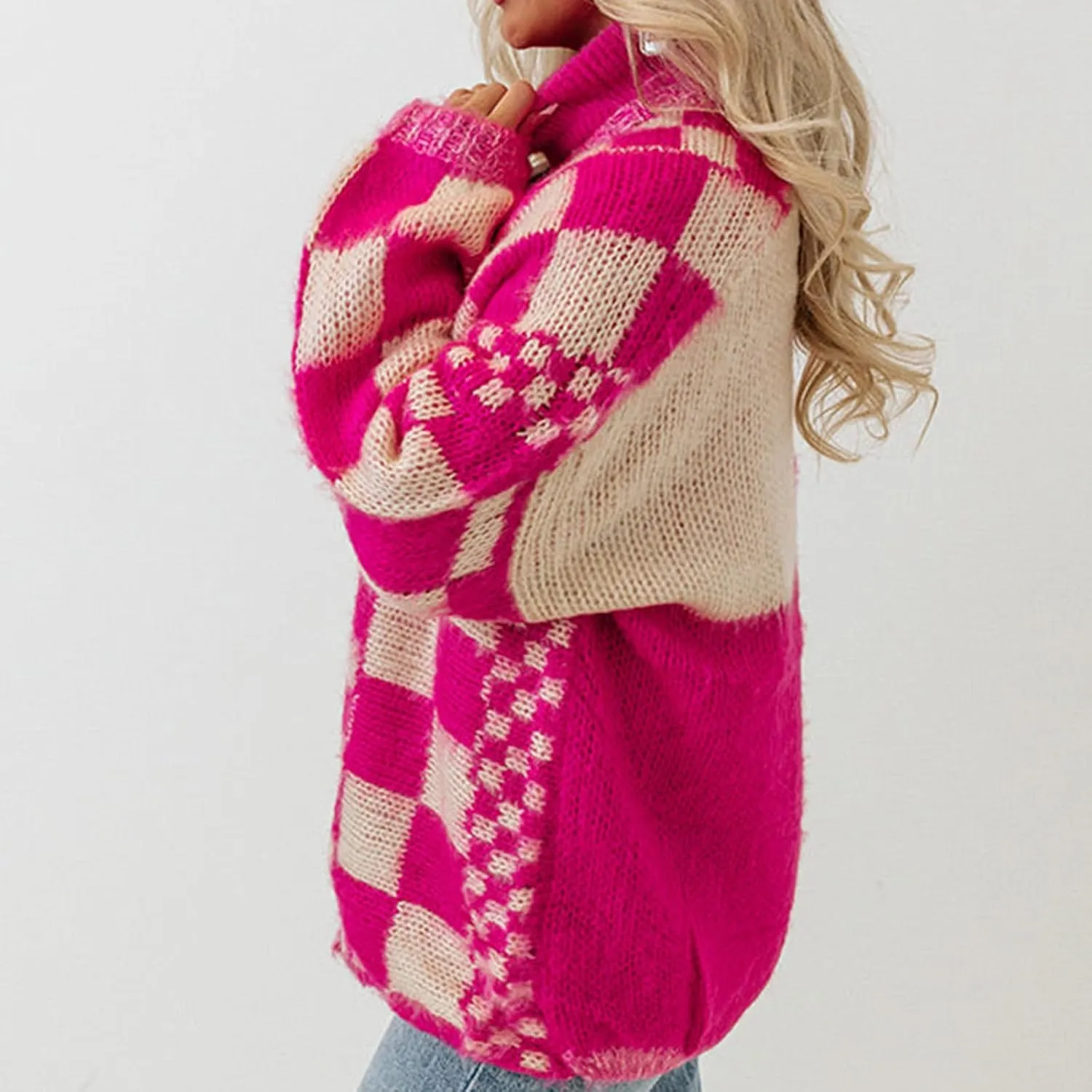 Giraropa Women Checkered Cardigan 2024 Long Sleeve Open Front Loose Knit Sweater Oversized Lightweight Cardigans Outwear
