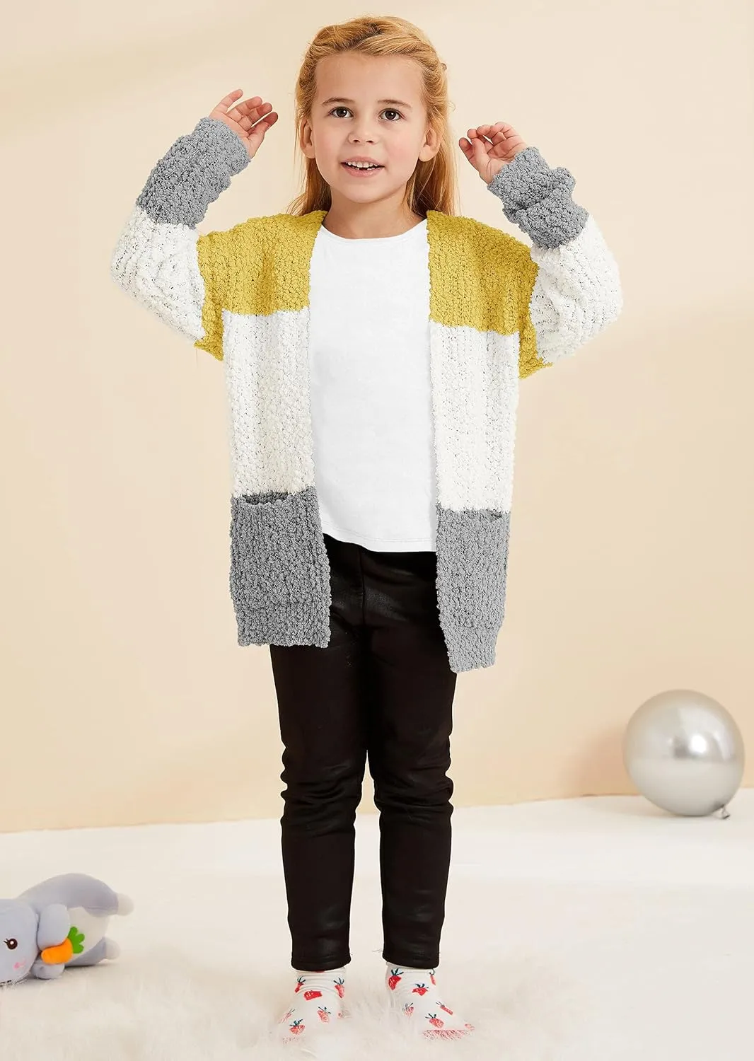 Girls Casual Open Front Long Sleeve Cardigan Pocket Fashion Sweater Outwear