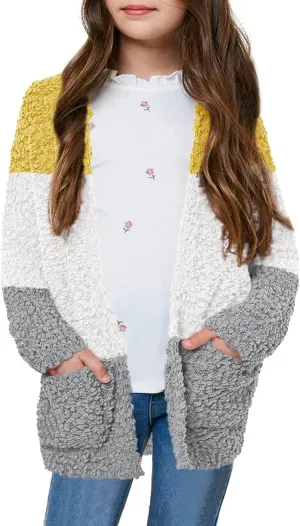 Girls Casual Open Front Long Sleeve Cardigan Pocket Fashion Sweater Outwear