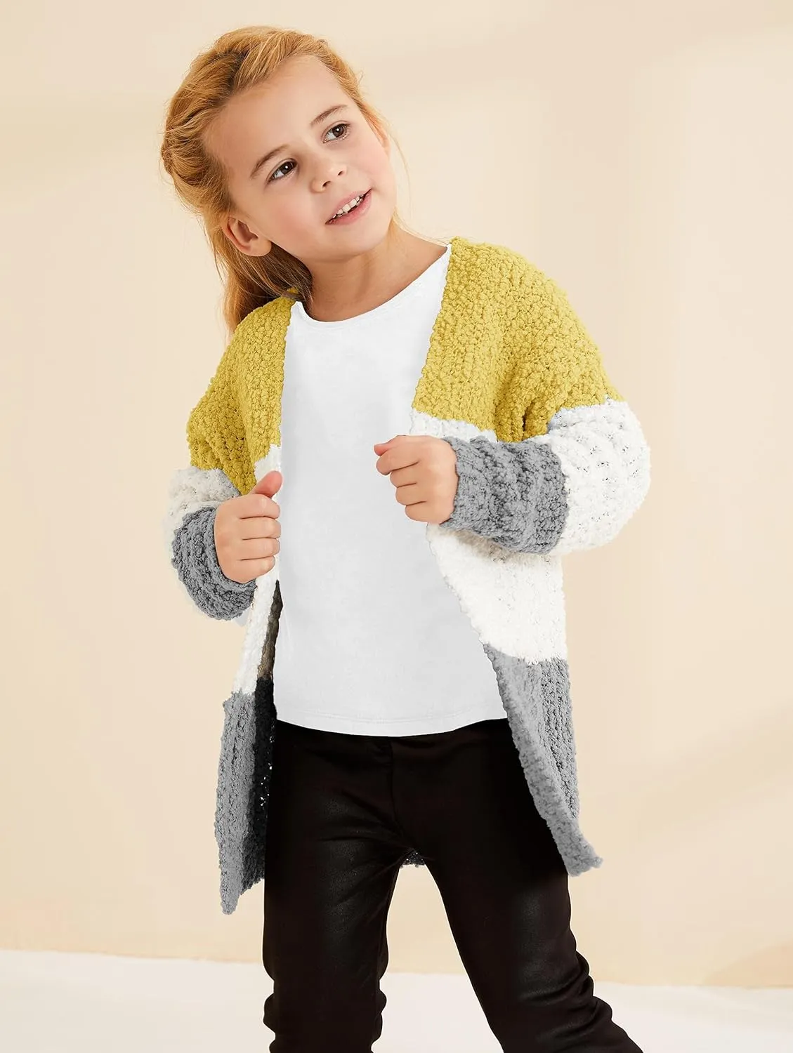 Girls Casual Open Front Long Sleeve Cardigan Pocket Fashion Sweater Outwear