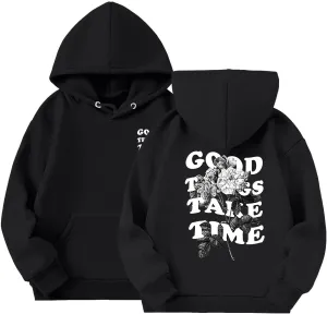 Good Things Take Time Men Womens Oversized Hoodies Letter Stylish Print Pullover Sweatshirt Tops Fall Winter Outfits Black