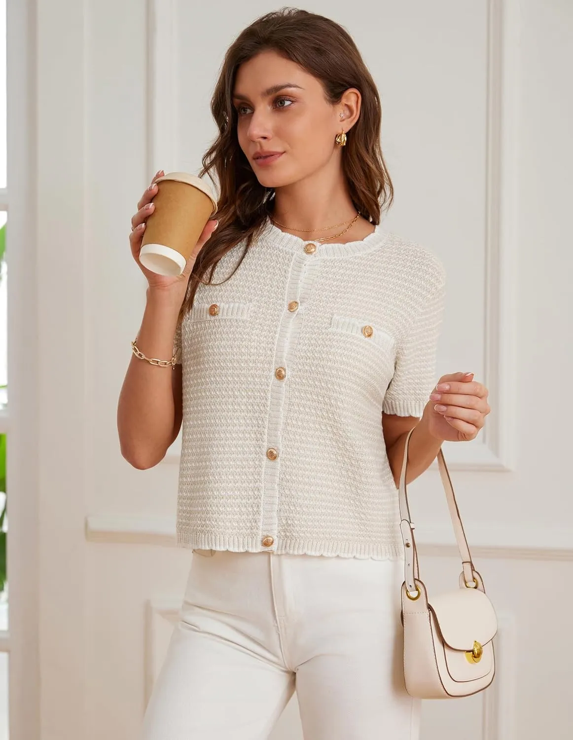 GRACE KARIN Women's 2025 Summer Striped Cardigan Sweaters Casual Short Sleeve Open Front Button Down Knit Sweater Tops
