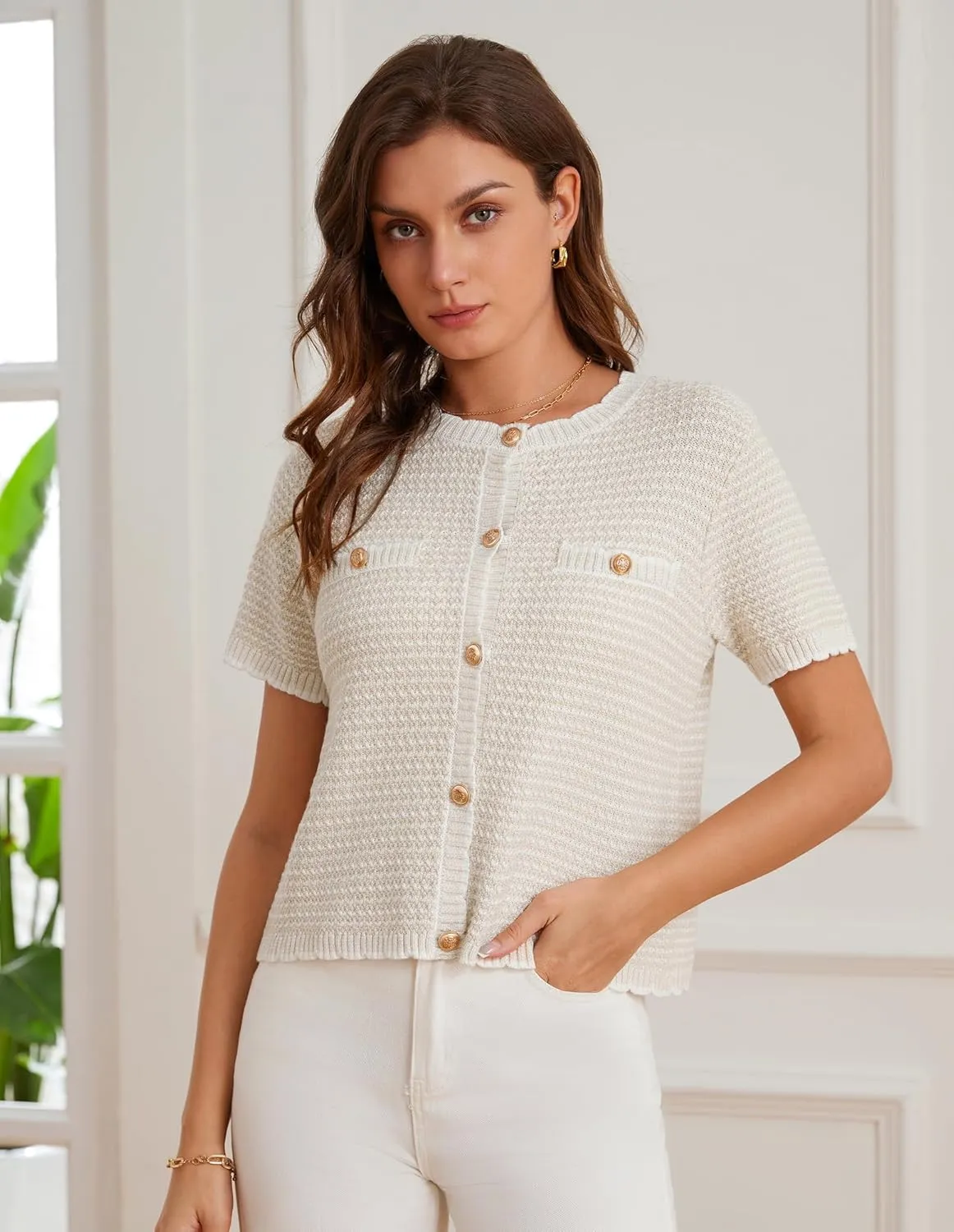 GRACE KARIN Women's 2025 Summer Striped Cardigan Sweaters Casual Short Sleeve Open Front Button Down Knit Sweater Tops
